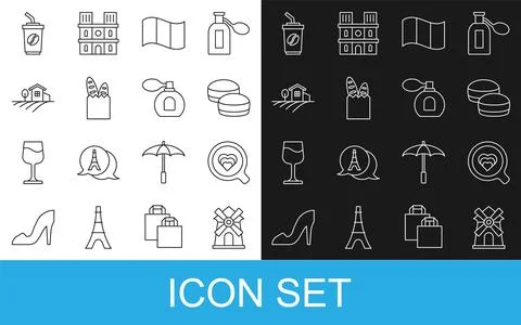 Set line Windmill, Coffee cup, Macaron cookie, Flag France, French baguette Stock Illustration