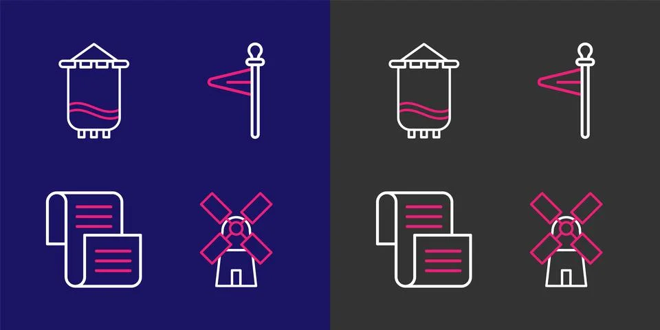 Set line Windmill, Decree, parchment, scroll, Medieval flag and  icon. Vector Stock Illustration