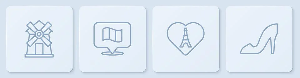 Set line Windmill, Eiffel tower with heart, Flag France and Woman shoe. White イラスト素材
