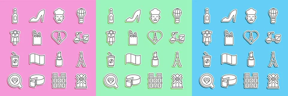 Set line Windmill, Eiffel tower, Scooter, Cook, French baguette bread, Champagne 스톡 일러스트