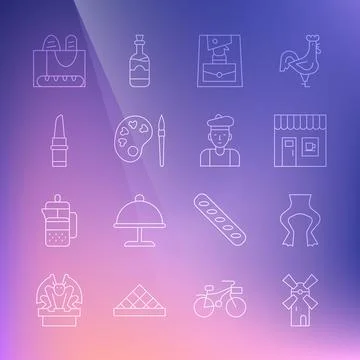 Set line Windmill, Frog legs, Coffee shop, Handbag, Paint brush with palette Stock Illustration