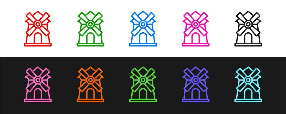 Set line Windmill icon isolated on black and white background. Vector Illustrazione stock