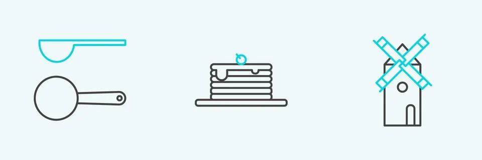 Set line Windmill, Measuring spoon and Stack of pancakes icon. Vector Illustrazione stock