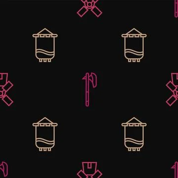 Set line Windmill, Medieval flag and axe on seamless pattern. Vector Stock Illustration