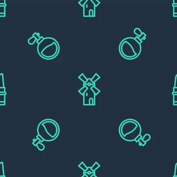 Set line Windmill, Perfume and Lipstick on seamless pattern. Vector Stock-Illustration
