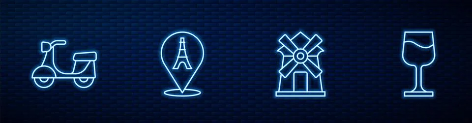 Set line Windmill, Scooter, Eiffel tower and Wine glass. Glowing neon icon on Illustrazione stock