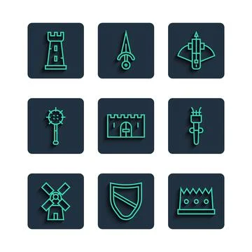Set line Windmill, Shield, King crown, Battle crossbow with arrow, Medieval c Stock Illustration