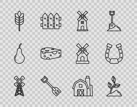 Set line Windmill, Sprout, Garden rake, Cereals with rice, wheat, corn, oat.. Stock Illustration
