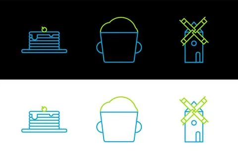 Set line Windmill, Stack of pancakes and Bakery bowl dough icon. Vector Stock Illustration