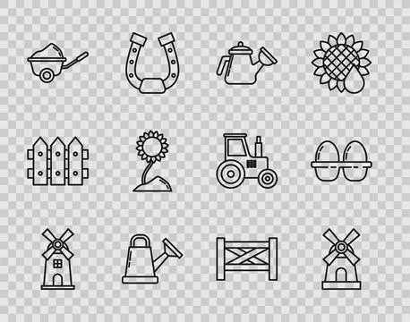 Set line Windmill, Watering can, Wheelbarrow with dirt, Sunflower, Garden fen Stock Illustration