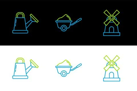 Set line Windmill, Watering can and Wheelbarrow with dirt icon. Vector Stock Illustration