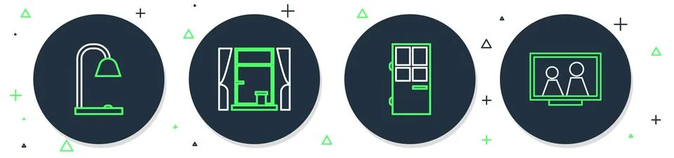 Set line Window with curtains, Closed door, Table lamp and Picture frame on.. Illustration
