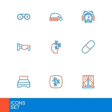 Set line Window with curtains, Sleepy, Big bed, Sleeping pill, Bed, Dreams,.. 스톡 일러스트