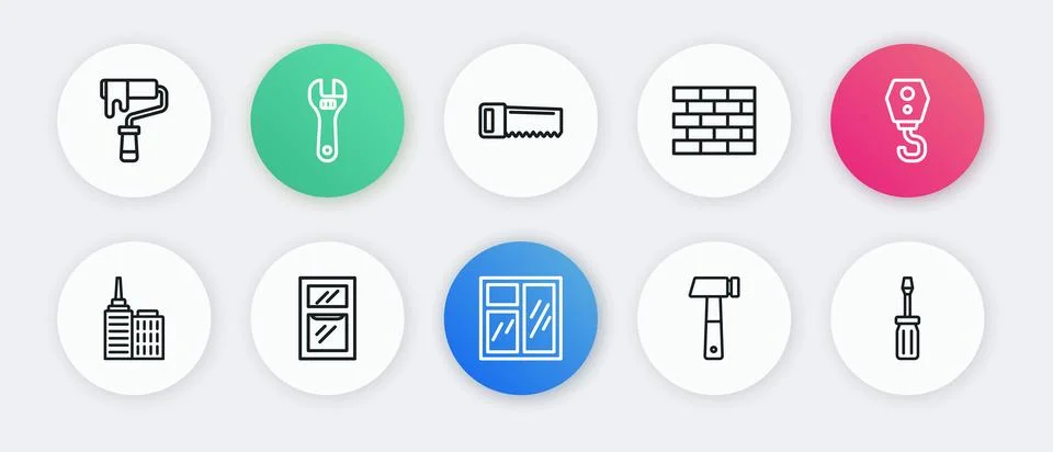Set line Window in room, Crane hook, City landscape, Hammer, Bricks, Hand s.. Stock Illustration