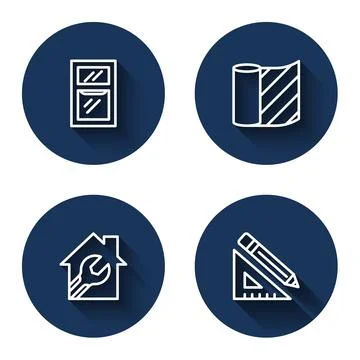 Set line Window in room, Wallpaper, House with wrench spanner and Triangular 库存插图