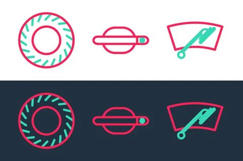Set line Windscreen wiper, Car tire and door handle icon. Vector Illustration