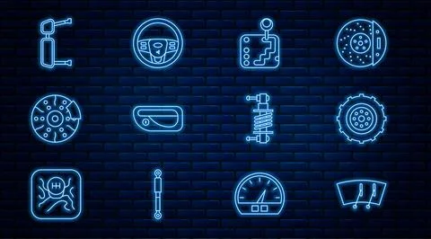 Set line Windscreen wiper, Car wheel, Gear shifter, door handle, brake disk.. Illustration