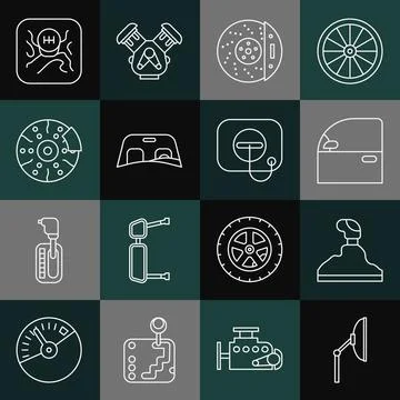 Set line Windscreen wiper, Gear shifter, Car door, brake disk with caliper Stock Illustration
