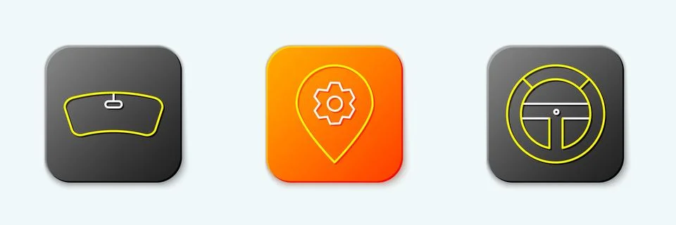 Set line Windshield, Location with car service and Steering wheel icon. Vecto Stock Illustration