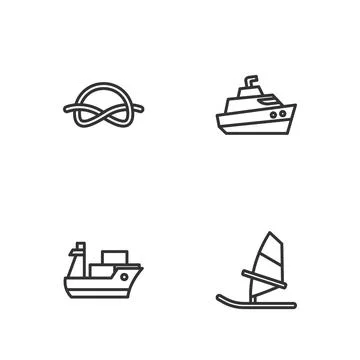 Set line Windsurfing, Cargo ship, Nautical rope knots and Speedboat icon. Vector イラスト素材