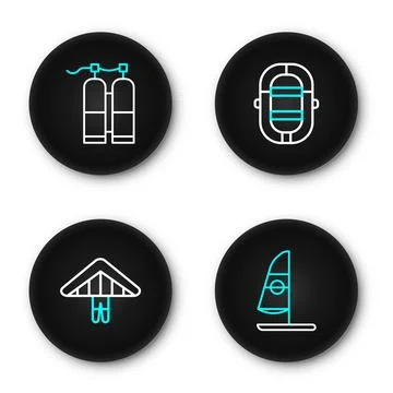 Set line Windsurfing, Hang glider, Rafting boat and Aqualung icon. Vector Stock Illustration