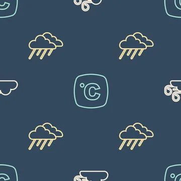 Set line Windy weather, Cloud with rain and Celsius on seamless pattern. Vector Stock Illustration