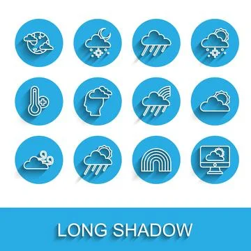 Set line Windy weather Cloud with rain and sun Earth planet clouds Rainbow We Stock Illustration