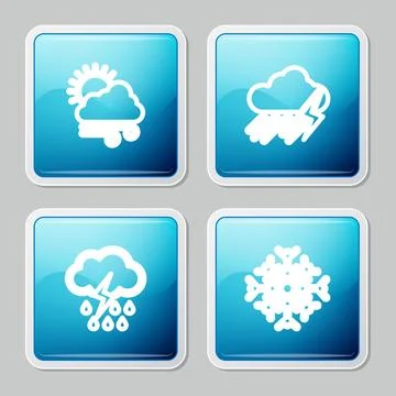 Set line Windy weather, Cloud with rain and lightning,  and Snowflake icon. V Stock Illustration