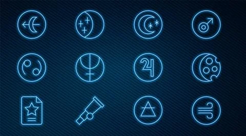 Set line Windy weather, Eclipse of sun, Moon and stars, Neptune planet, Cancer Ilustração Stock