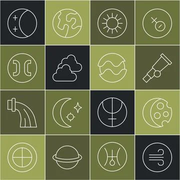 Set line Windy weather, Eclipse of sun, Telescope, Sun, Cloudy, Pisces zodi.. Stock Illustration