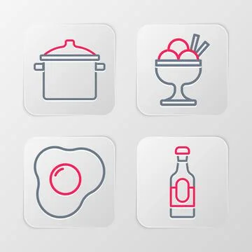Set line Wine bottle, Scrambled eggs, Ice cream bowl and Cooking pot icon Stock-Illustration