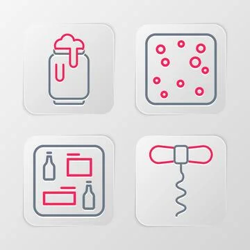 Set line Wine corkscrew, Beer menu, bubbles and can with foam icon. Vector Stock Illustration