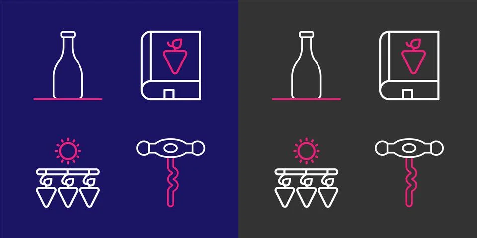 Set line Wine corkscrew, Drying grapes, Book about and Bottle of wine icon... Illustrazione stock