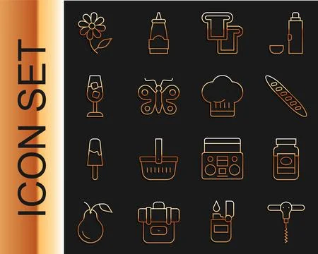 Set line Wine corkscrew, Jam jar, French baguette bread, Bread toast, Butterf Stock Illustration