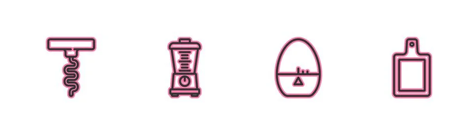 Set line Wine corkscrew, Kitchen timer, Blender and Cutting board icon. Vector Stockillustratie
