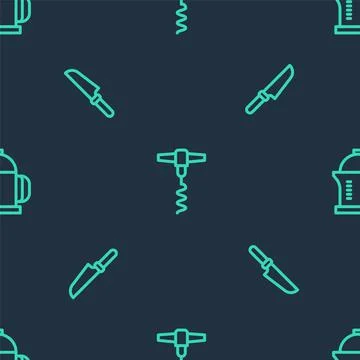 Set line Wine corkscrew, Knife and French press on seamless pattern. Vector Stock Illustration