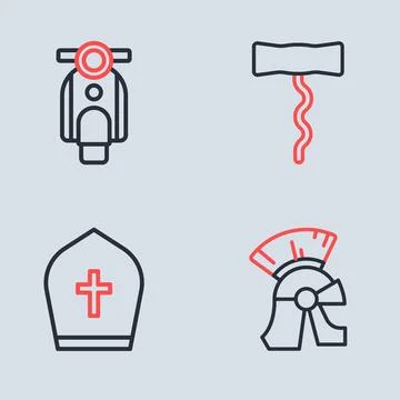 Set line Wine corkscrew, Pope hat, Roman army helmet and Scooter icon. Vector Stock Illustration