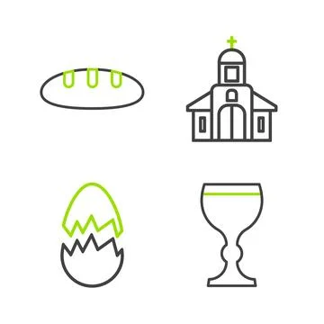 Set line Wine glass, Broken egg, Church building and Bread loaf icon. Vector Stock Illustration