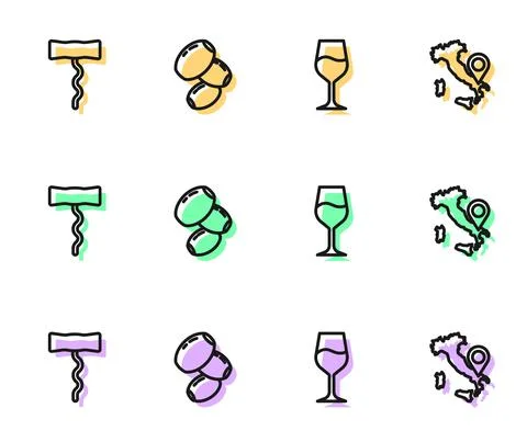 Set line Wine glass, corkscrew, Olives and Map of Italy icon. Vector Ilustración de archivo