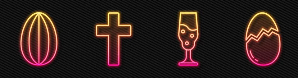 Set line Wine glass, Easter egg, Christian cross and Broken egg. Glowing neon Stock Illustration