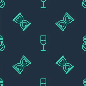 Set line Wine glass, Heart the center hourglass and shape light bulb on seaml Stock Illustration