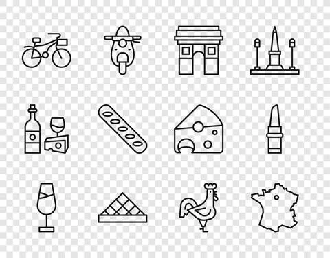 Set line Wine glass, Map of France, Triumphal Arch, Louvre museum, Bicycle Stock-Illustration