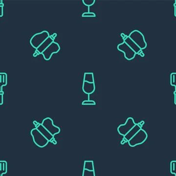 Set line Wine glass, Rolling pin on dough and Barbecue spatula on seamless .. Stock Illustration