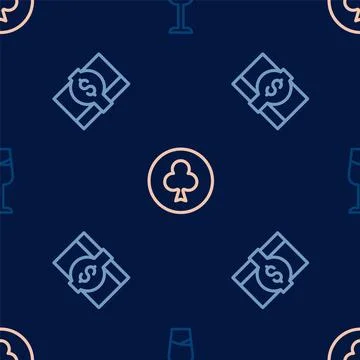 Set line Wine glass, Stacks paper money cash and Playing card with clubs sy.. Stock Illustration