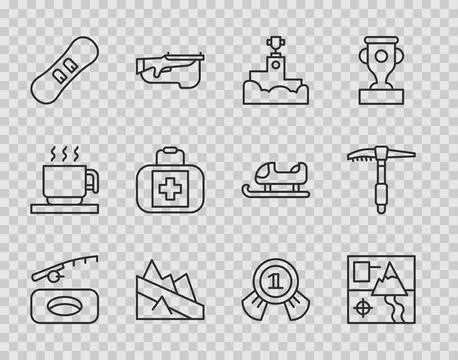Set line Winter fishing, Folded map, Award winner podium, Mountain descent,.. Stock Illustration