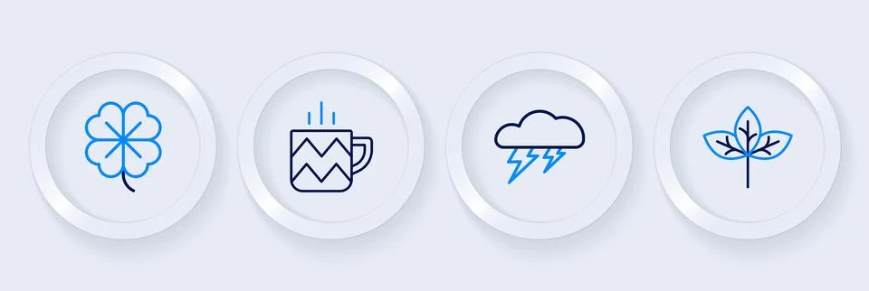 Set line Winter hat, Cloud and lightning, Cup of tea and Four leaf clover i.. Stock Illustration