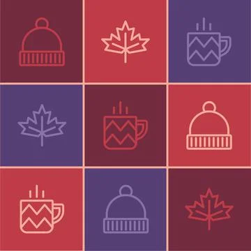 Set line Winter hat, Cup of tea and Canadian maple leaf icon. Vector Stock Illustration