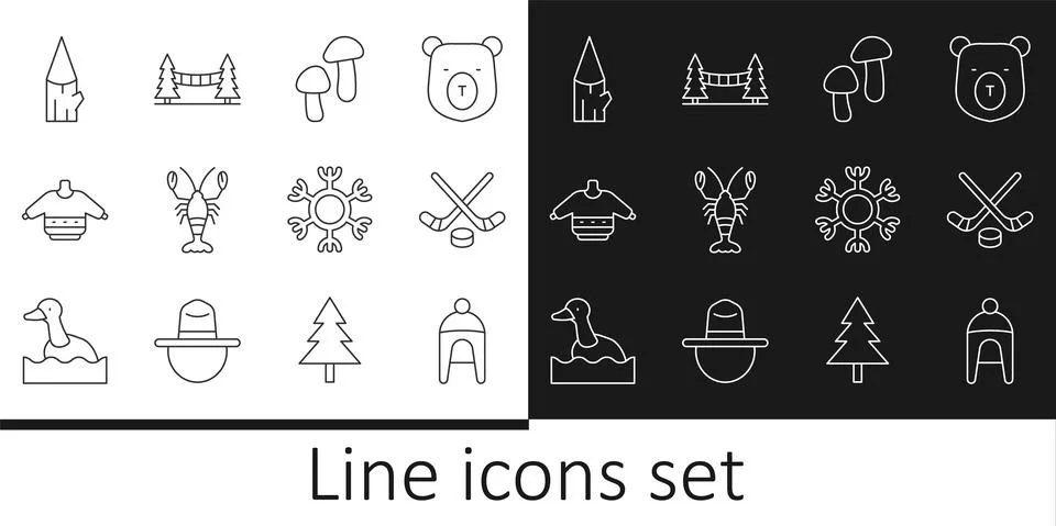 Set line Winter hat, Ice hockey sticks and puck, Mushroom, Lobster, Christmas Illustration