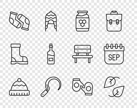 Set line Winter hat, Leaf, Jar of honey, Sickle, Socks, Bottle wine, Christ.. Stock Illustration