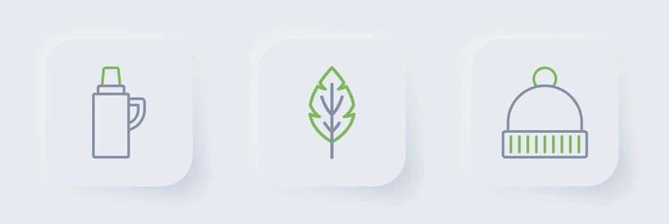 Set line Winter hat, Leaf and Thermos container icon. Vector Illustrazione stock